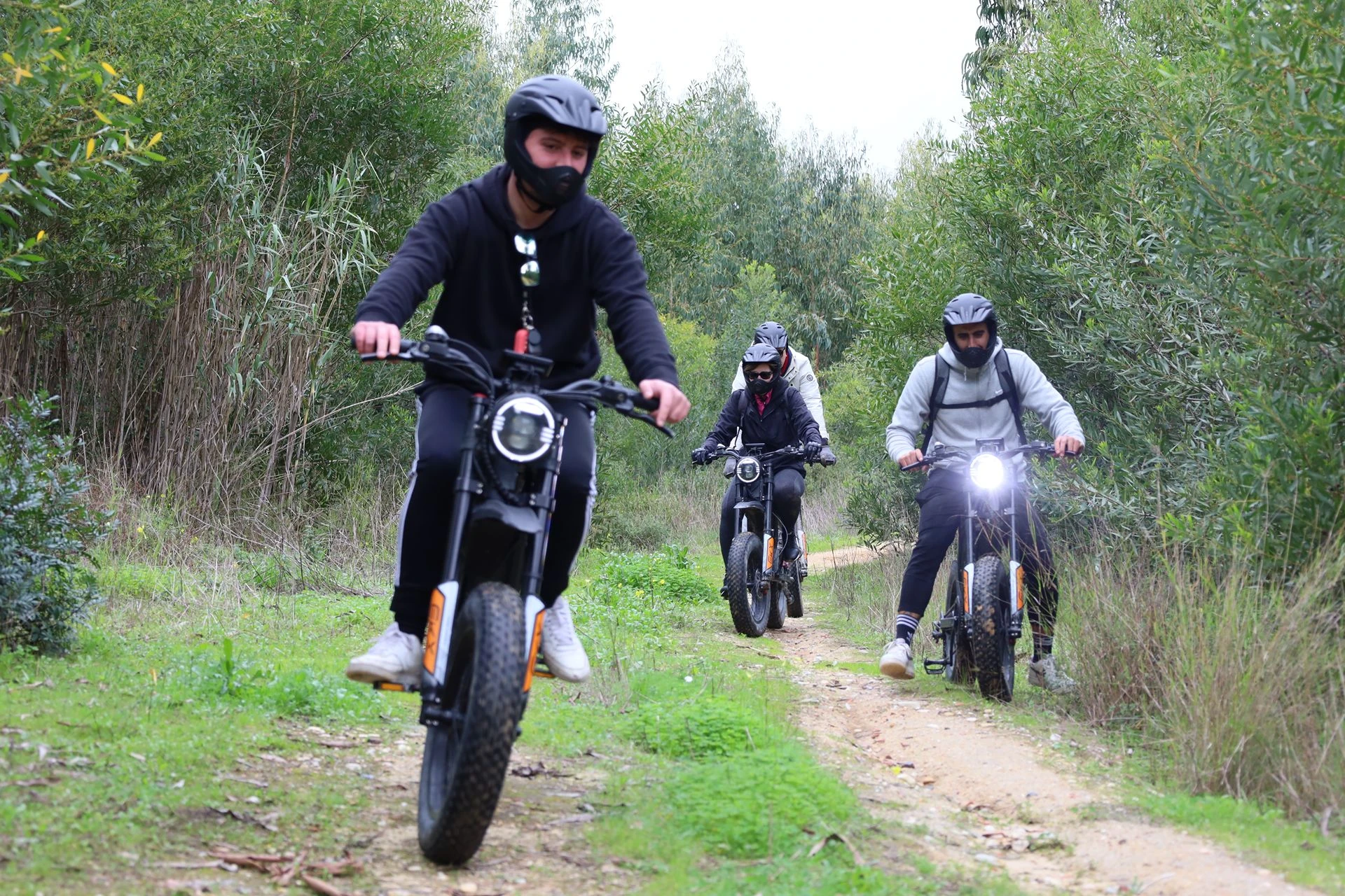 Guided group riding all-terrain eBikes through a forest trail near Costa da Caparica